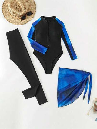 Swim Mulvari مجموعة ملابس سباحة بوركيني مكونة من ملابس علوية مزينة بسحاب، وبنطلون، وتنورة، على طراز ملابس النساء العربية ذات تصميم عشوائي للطباعة، مناسبة لارتداء في شاطئ الصيف