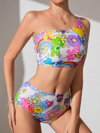 X Care Bears لباس سباحة نسائي مجموعة دب كرتوني لطيف من كتف واحد
