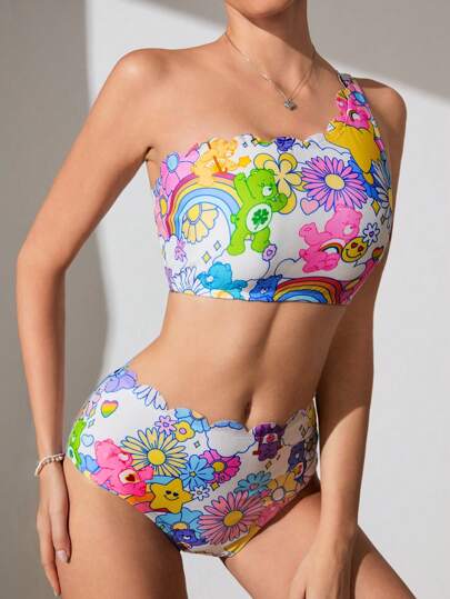 X Care Bears لباس سباحة نسائي مجموعة دب كرتوني لطيف من كتف واحد