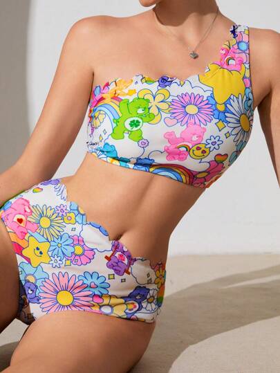 X Care Bears لباس سباحة نسائي مجموعة دب كرتوني لطيف من كتف واحد