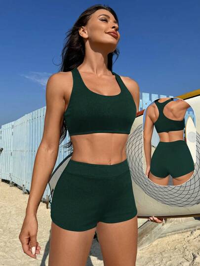طقم تانكيني حريمي Swim SPRTY مجموعة ملابس سباحة بيكيني كاجوال للسيدات تتضمن ملابس علوية تانك بألوان صلبة وشورت بدون ظهر للعطلات الصيفية