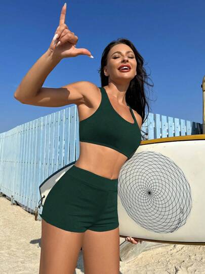 طقم تانكيني حريمي Swim SPRTY مجموعة ملابس سباحة بيكيني كاجوال للسيدات تتضمن ملابس علوية تانك بألوان صلبة وشورت بدون ظهر للعطلات الصيفية