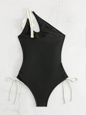 Swim SXY بدلة سباحة واحدة نسائية للتخسيس بخط واحد على الكتف مع رباط وزهرة 3D للزينة, الشاطئ الصيفية