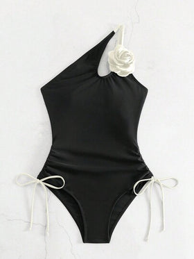 Swim SXY بدلة سباحة واحدة نسائية للتخسيس بخط واحد على الكتف مع رباط وزهرة 3D للزينة, الشاطئ الصيفية