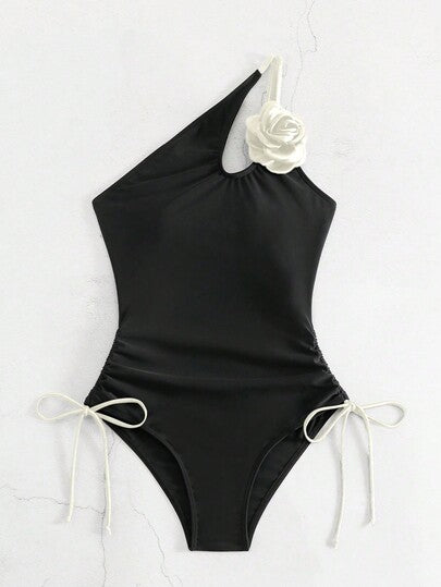 Swim SXY بدلة سباحة واحدة نسائية للتخسيس بخط واحد على الكتف مع رباط وزهرة 3D للزينة, الشاطئ الصيفية