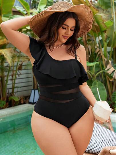 Swim Vcay مايوه مشفر من قطعة واحدة بشبكة شفافة وحجم زائد مناسب للشاطئ أو المسبح مع حاشية مكشكشة
