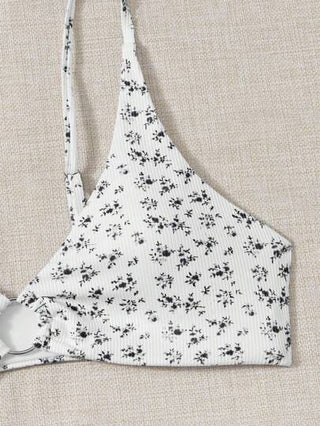 Swim مجموعة بكيني مطبوعة بطريقة عشوائية مع مجموعة بكيني منفصلة، مجموعة بكيني بسيطة أنيقة ذات حلقات مزخرفة بالأزهار للنساء في عطلة الصيف والشاطئ