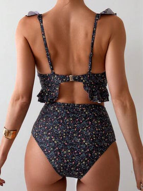 Swim Basics مجموعة بكيني بحزام رفرف مطبوع طباعة متناثرة للشاطئ والعطلات الصيفية