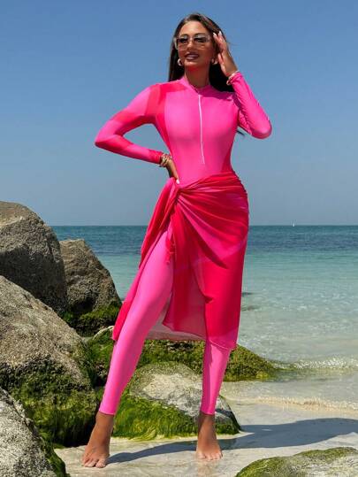 Swim Shayni بدلة سباحة واحدة قطعة للنساء من لون سادة مع أكمام طويلة و طوق عالي مع بنطال البحر (البركيني)، مجموعة مطابقة مع الشال والتنورة، ملابس للشاطئ والعطلات العربية