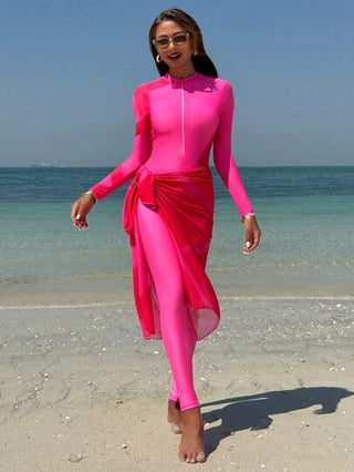 Swim Shayni بدلة سباحة واحدة قطعة للنساء من لون سادة مع أكمام طويلة و طوق عالي مع بنطال البحر (البركيني)، مجموعة مطابقة مع الشال والتنورة، ملابس للشاطئ والعطلات العربية
