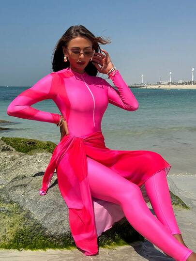Swim Shayni بدلة سباحة واحدة قطعة للنساء من لون سادة مع أكمام طويلة و طوق عالي مع بنطال البحر (البركيني)، مجموعة مطابقة مع الشال والتنورة، ملابس للشاطئ والعطلات العربية