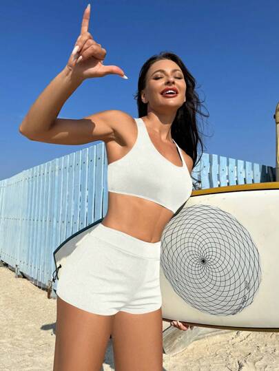 Swim طقم بيكيني لون ثابت للنساء للعطلات الشاطئية، الشاطئ الصيفي
