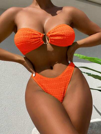 Swim مجموعة بيكيني نسائية ذات نسيج بلون سادة لقضاء إجازة صيفية على الشاطئ