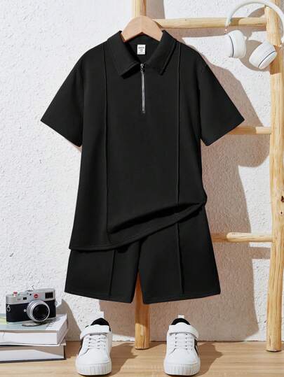 SHEIN طقم قميص بولو وبنطال قصير مارك مُرتخي كاجوال لفئة المراهقين، ذو ياقة مبطنة وأكمام قصيرة, قطعتان