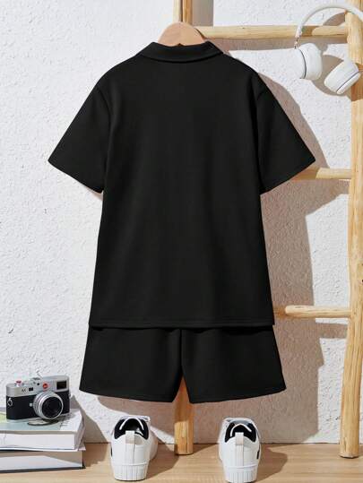 SHEIN طقم قميص بولو وبنطال قصير مارك مُرتخي كاجوال لفئة المراهقين، ذو ياقة مبطنة وأكمام قصيرة, قطعتان