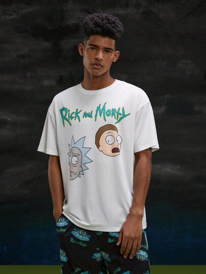 Rick and Morty X SHEIN مجموعة ملابس منزلية عارضة للرجال تتألف من ملابس علوية فضفاض بطبعة حرف وشخصية كرتونية وسروال قصير