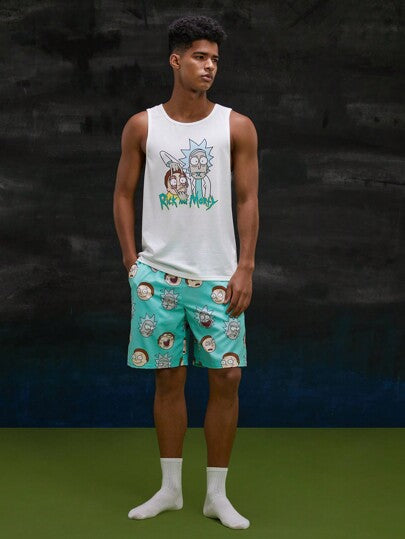 Rick and Morty X SHEIN طقم رجالي للمنزل عاري الذراعين وسروال قصير بطباعة حرف وشخصية كارتونية