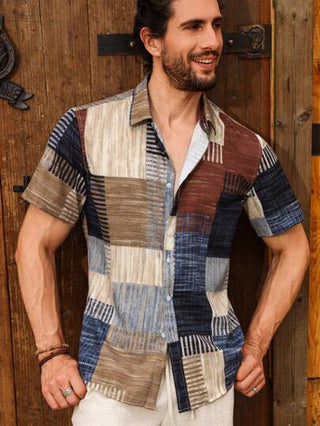 Manfinity Homme قميص رجالي كاجوال فضفاض مطبوع بطبعات ملونة وجرافيكية، قصير الأكمام، مناسب للشاطئ، للزوج