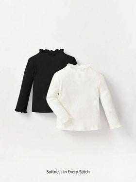 Cozy Pixies ملابس علوية طويلة الأكمام بنقشة سادة مزدوجة وطوق واقي مع طرف مكشكش لطفلات الأطفال، مجموعة من قطعتين