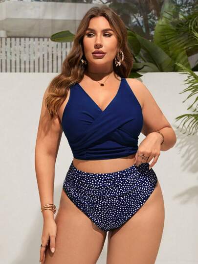 Swim Lushoire اطقم ملابس سباحة بقطعتين، صدرية بولكا دوتس حجم كبير على الشاطئ ترفع العنق و اسفل الصدرية بالإضافة الى السراويل السباحة ذات تصميم الكشكشة