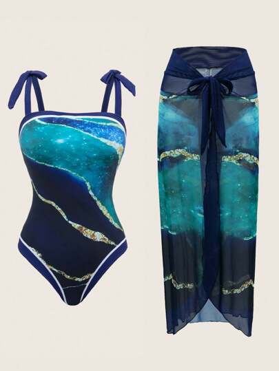 Swim Oasis ملابس شاطئ نسائية مطبوعة بأحزمة، مطابقة لبدلة سباحة من قطعة واحدة وتنورة غطاء