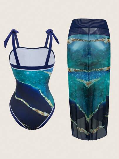 Swim Oasis ملابس شاطئ نسائية مطبوعة بأحزمة، مطابقة لبدلة سباحة من قطعة واحدة وتنورة غطاء