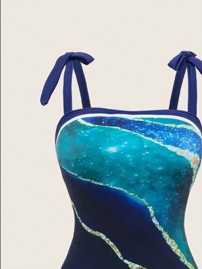 Swim Oasis ملابس شاطئ نسائية مطبوعة بأحزمة، مطابقة لبدلة سباحة من قطعة واحدة وتنورة غطاء