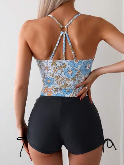 طقم تانكيني حريمي Swim Lushoire ملابس علوية بدون أكمام مطبوع بنمط زهري بالإضافة إلى شورت سباحة بلون سادة ورباط للعطلة الصيفية
