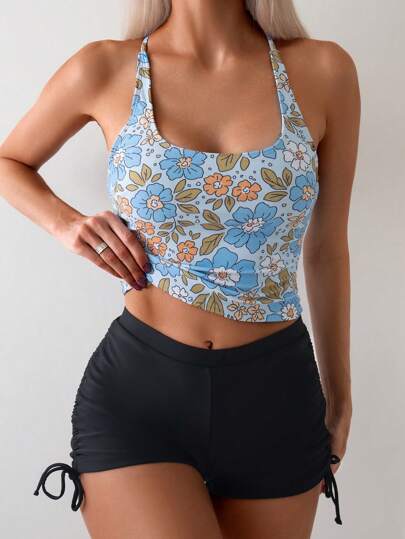 طقم تانكيني حريمي Swim Lushoire ملابس علوية بدون أكمام مطبوع بنمط زهري بالإضافة إلى شورت سباحة بلون سادة ورباط للعطلة الصيفية
