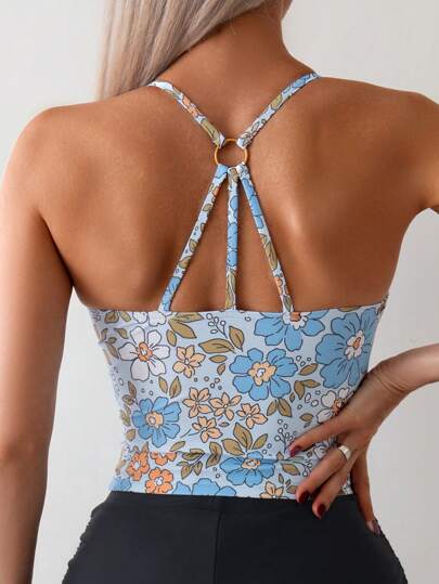 طقم تانكيني حريمي Swim Lushoire ملابس علوية بدون أكمام مطبوع بنمط زهري بالإضافة إلى شورت سباحة بلون سادة ورباط للعطلة الصيفية