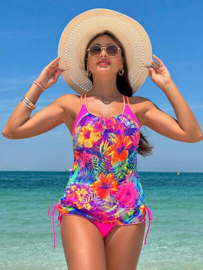 طقم تانكيني حريمي Swim طقم بكيني نسائي مع تانكيني بطبعات استوائية لإجازة عطلة الصيف على الشاطئ، طبعة عشوائية