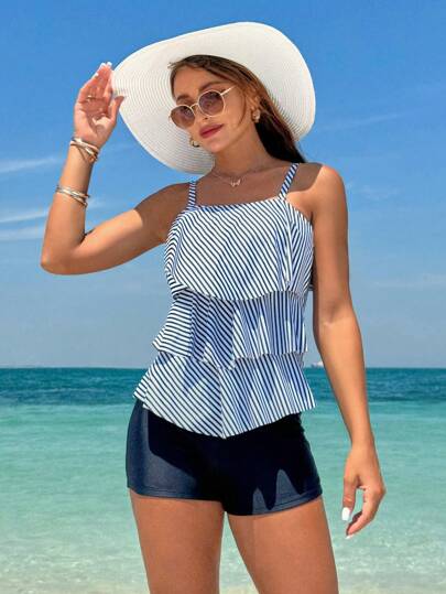 طقم تانكيني حريمي Swim Lushoire مجموعة ملابس سباحة للنساء طراز تانكيني، متعددة الطبقات بفضل التصميم المتموج، خطوط شريطية، أشرطة قابلة للتعديل، مناسبة للاصطياف والشواطئ (طباعة عشوائية)