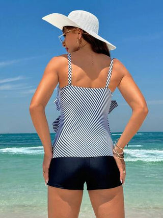 طقم تانكيني حريمي Swim Lushoire مجموعة ملابس سباحة للنساء طراز تانكيني، متعددة الطبقات بفضل التصميم المتموج، خطوط شريطية، أشرطة قابلة للتعديل، مناسبة للاصطياف والشواطئ (طباعة عشوائية)