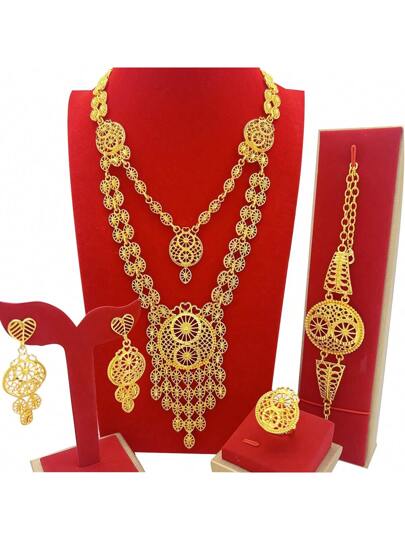 طقم مجوهرات نسائي دبي الفاخر من سبيكة النحاس (4 قطع) مطلي بالذهب، يتضمن قلادة طويلة وحلية أذن وخاتم  من الهند بتصميم فخم، ملحقات العروس الأنيقة ،مناسبة للزفاف وكذلك للإرتداء اليومي