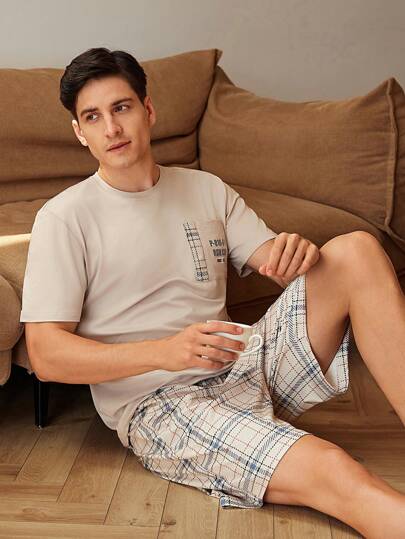 Manfinity Underwear&Sleepwear Basics مجموعة ملابس بيتية بسيطة ومريحة موضة رجالية صيفية