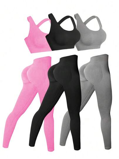 Easify SHEIN Sport مجموعة رياضية للنساء ذات لون سادة ونحيفة وضيقة، ملابس رياضة اليوغا للنساء