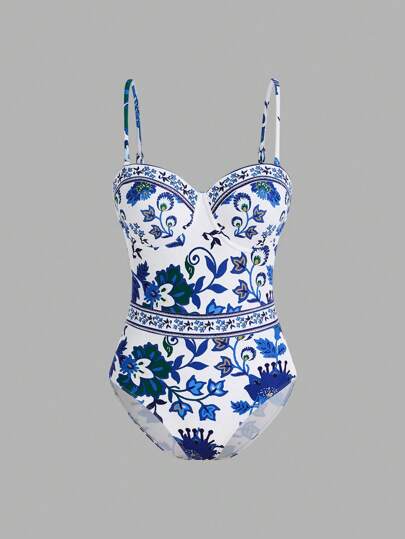 Swim Oasis بدلة سباحة نسائية قطعة واحدة مزينة بطبعة الأزهار مع حمالات كامي، مطابقة مع تنورة إضافية للغطاء للاستخدام في شاطئ الصيف والمنتجعات