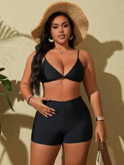 Swim Vcay شورت بيكيني بسيط بلون صلب للمقاسات الكبيرة للصيف والشاطئ والعطلات