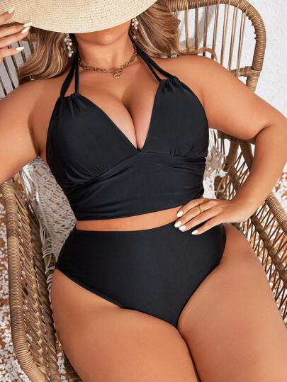 SHEIN Swim Curve مجموعة تانكيني صيفية للمنحنيات بموحد اللون وربطة عنق للعطلات