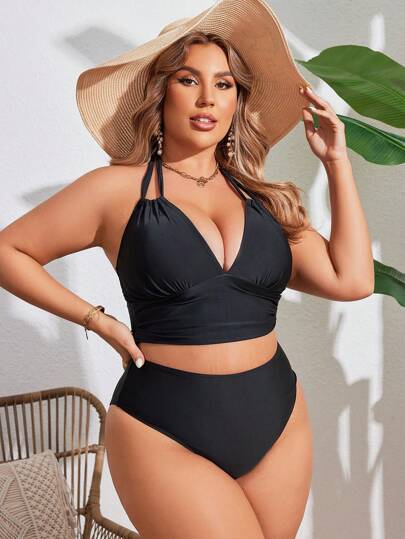 SHEIN Swim Curve مجموعة تانكيني صيفية للمنحنيات بموحد اللون وربطة عنق للعطلات