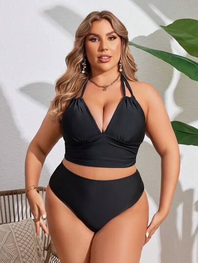 SHEIN Swim Curve مجموعة تانكيني صيفية للمنحنيات بموحد اللون وربطة عنق للعطلات