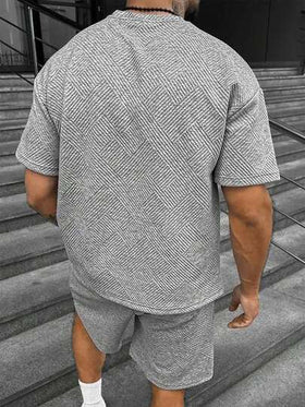 Manfinity Homme طقم تيشيرت كم قصير وشورت قطن ناعم ذو ملمس نسيجي أملس للرجال في الصيف، ملابس مريحة