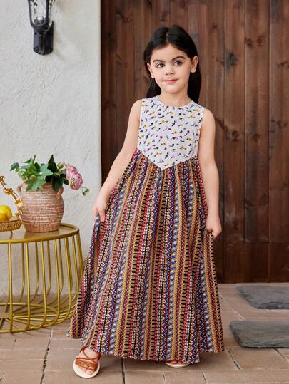 SHEIN فتاة صغيرة فستان كاجوال بدون أكمام وياقة دائرية يتميز بالألوان المتعددة والتصميم العصري المحبوك