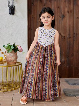 SHEIN فتاة صغيرة فستان كاجوال بدون أكمام وياقة دائرية يتميز بالألوان المتعددة والتصميم العصري المحبوك