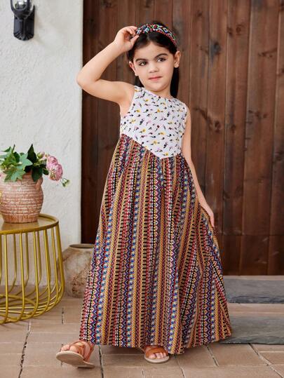 SHEIN فتاة صغيرة فستان كاجوال بدون أكمام وياقة دائرية يتميز بالألوان المتعددة والتصميم العصري المحبوك