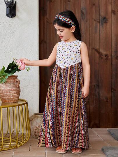 SHEIN فتاة صغيرة فستان كاجوال بدون أكمام وياقة دائرية يتميز بالألوان المتعددة والتصميم العصري المحبوك
