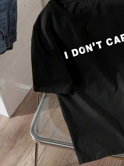 LUNE تي شيرت نسائي بياقة دائرية منتظم مزين بعبارة 'I Don't Care' مطبوعة عليه، مناسب للصيف I DON'T CARE