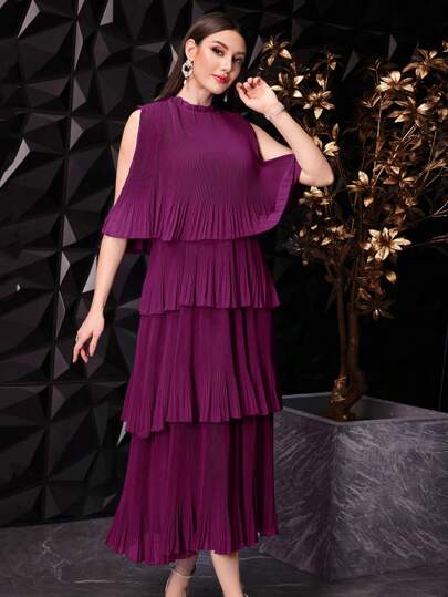 فساتين حريمي Modelyn فستان كيب أكمام ملون للصيف بياقة فطر، وتنورة متعددة الطبقات مطرزة وتصميم أنيق لفساتين المساء الطويلة