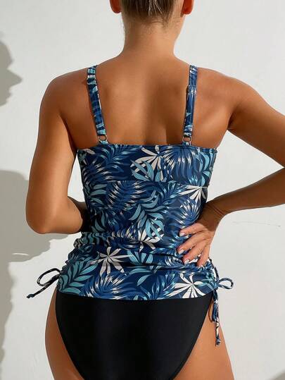 طقم تانكيني حريمي Swim طقم سباحة من الأعلى والخصر للنساء مطبوع عليه رسومات نباتية للصيف