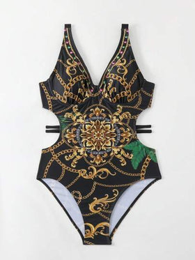 Swim Vcay بدلة سباحة للسيدات بحمالة وخط طباعة موضع شراء حقوق طبع ونشر، قطعة واحدة للشاطئ الصيفي